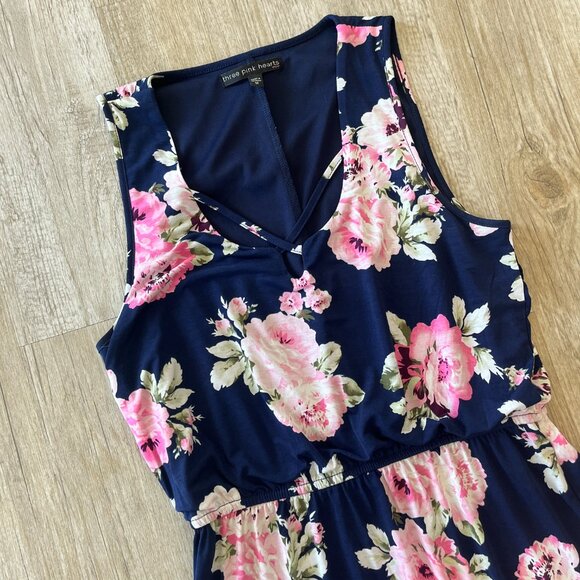 Womens Three Pink Hearts Blue with Pink Floral Print Maxi Dress - M - Picture 2 of 7
